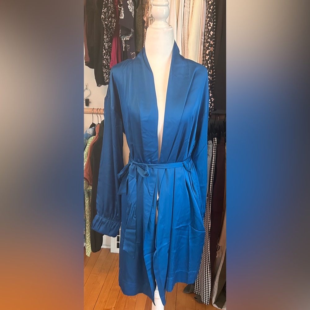 Elegant Blue Women's Robe and Pants Set